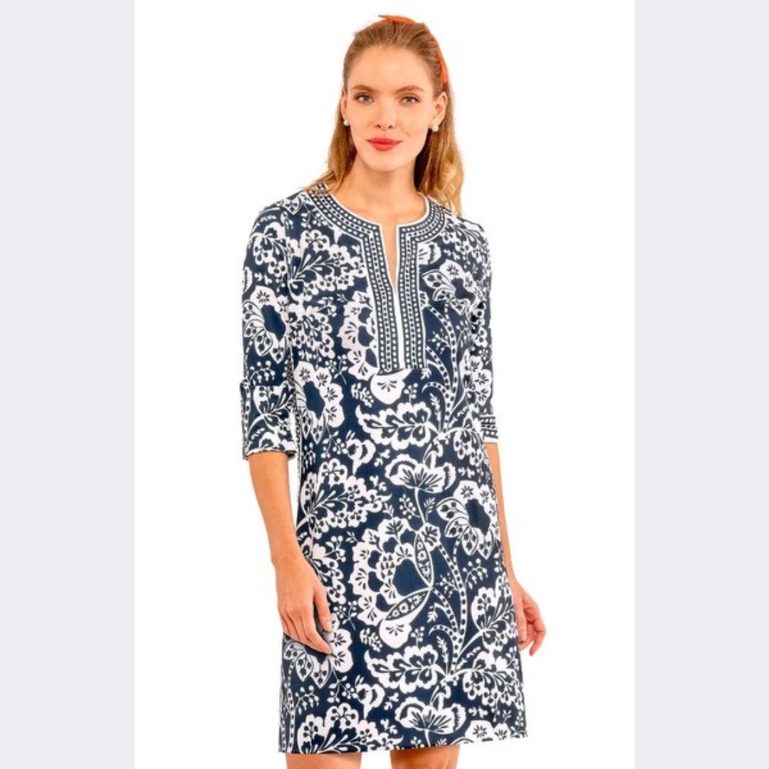 Navy &amp; White Split Neck Dress