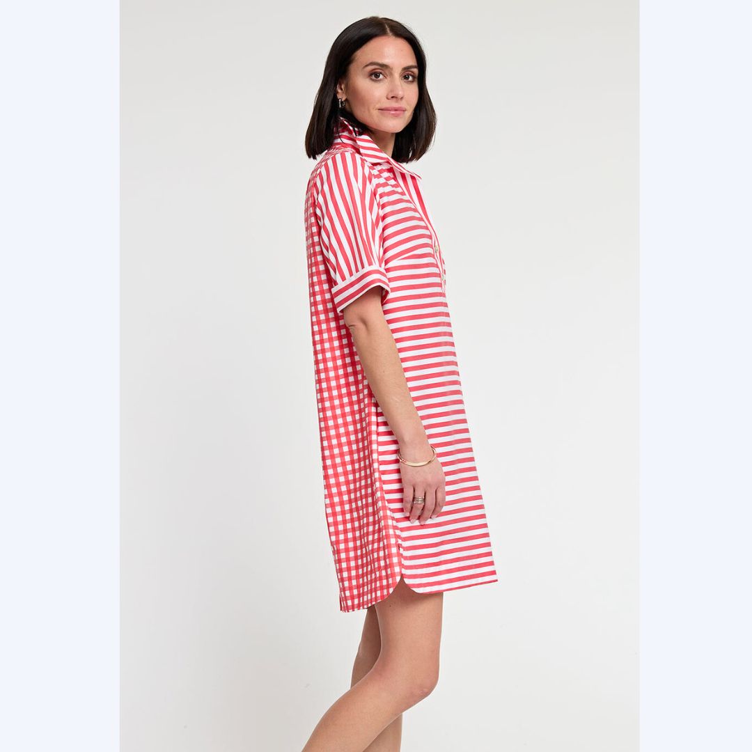 Coral &amp; White Striped Short-Sleeved Dress