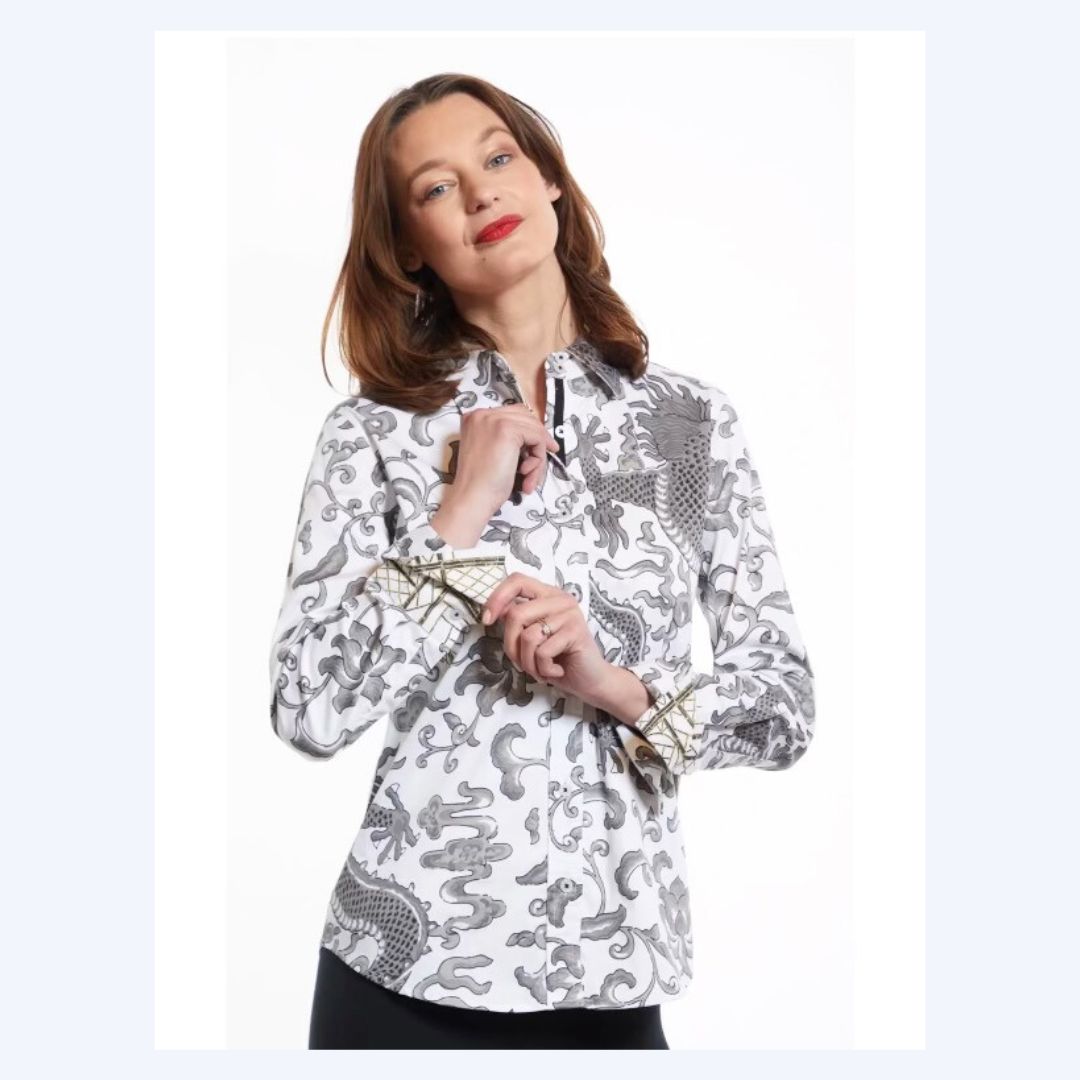 Grey &amp; White Dragon Print Shirt