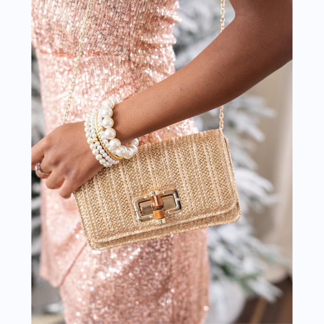 Gold Raffia Clutch With Bamboo Closure