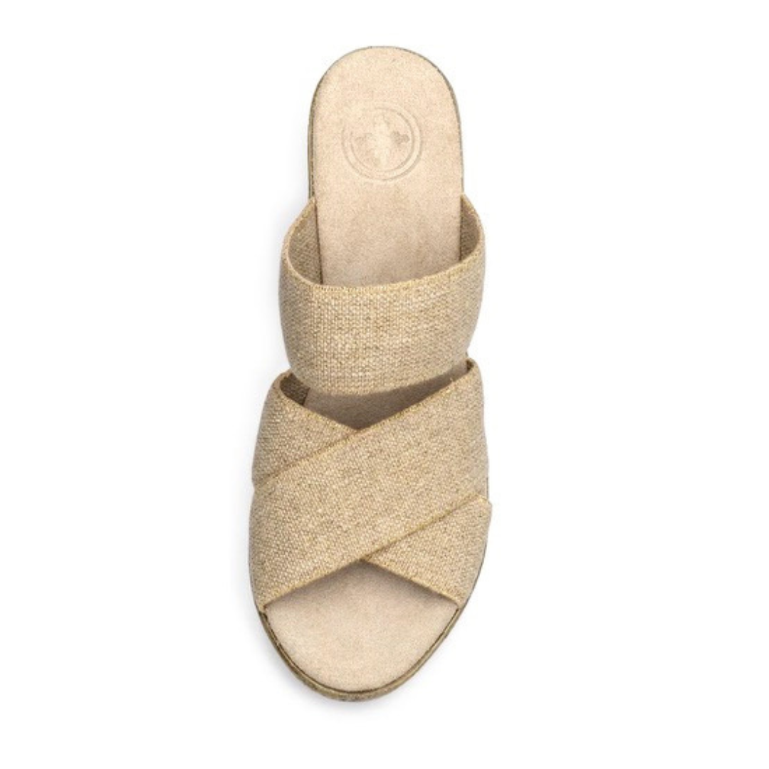 Linen Triple Strap Wedge With Gold Thread